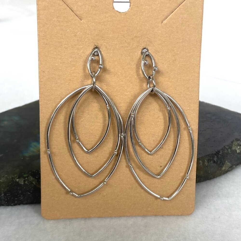 Sterling Silver 925 Geometric Oblong Triple Hoop Dangle Drop Statement Earrings